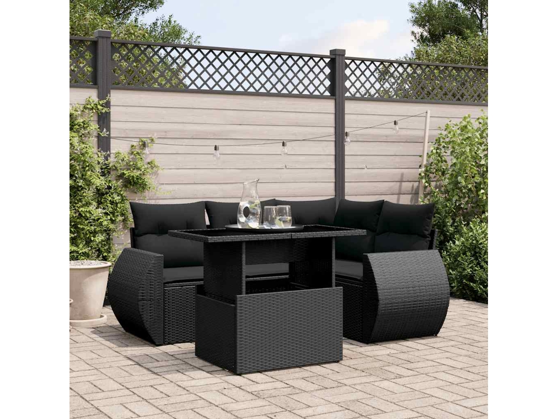 Vidaxl 5 Pcs Conjunto Sofás De Jardim Com Almofadões Vime Pe Preto