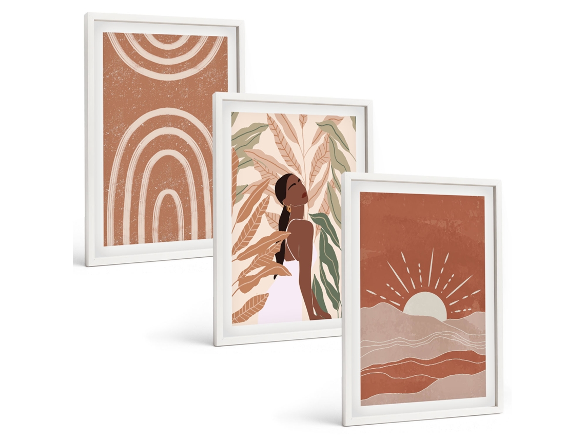 Um Conjunto De Imagens Decorativas Em Uma Moldura Formas Abstratas Boho Moldura Branca Quadros Para O Escritório Espelharte (3 Piezas De 40x60 Cm)