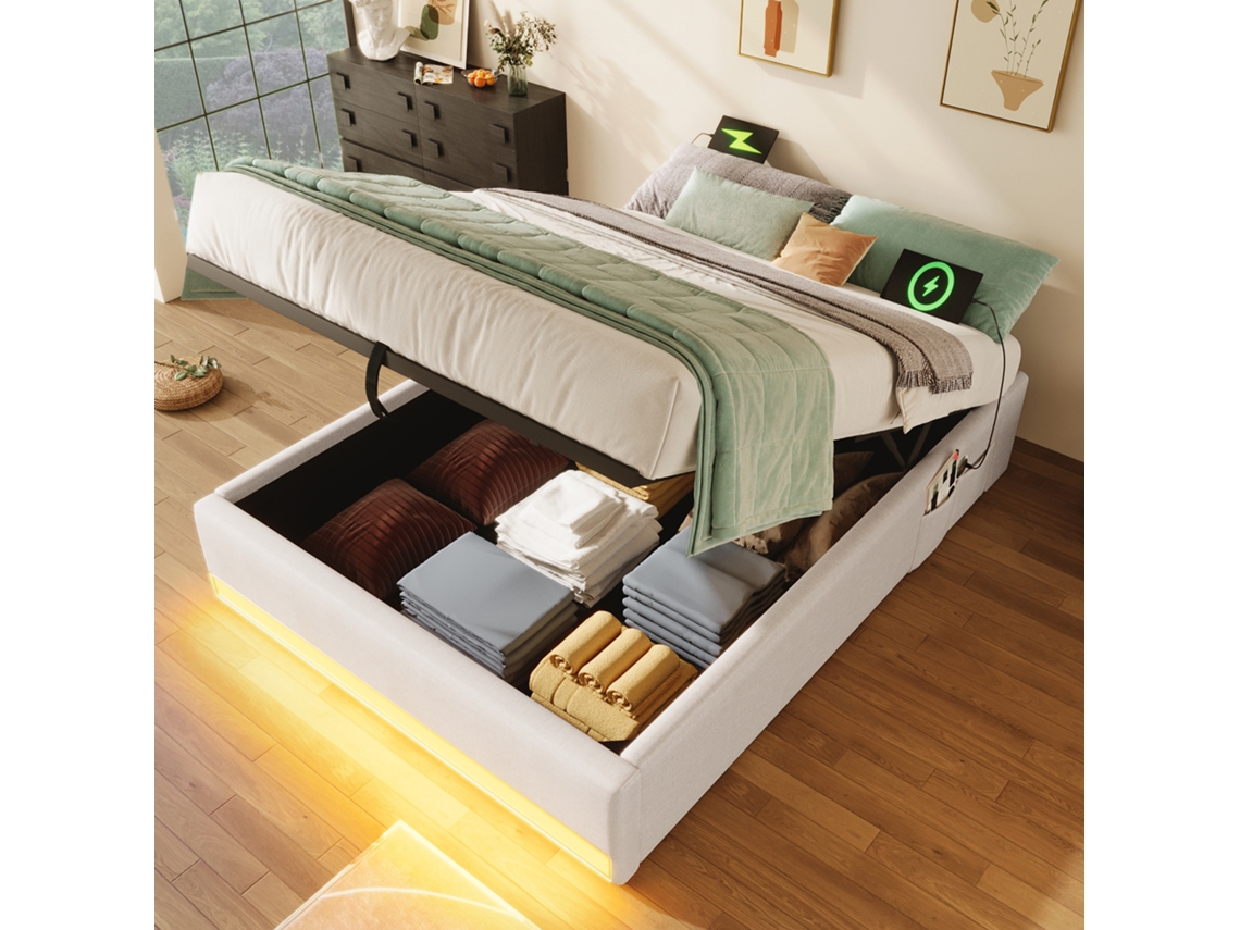 Cama Box 90x200cm Bege Led Usb Typ-c Bolsas De Armazenamento Hidráulica