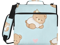 Pasta De 3 Argolas Com Estampa Urso Marrom Desenho Animado, Zíper E Alça Grande Capacidade Portátil, Ideal