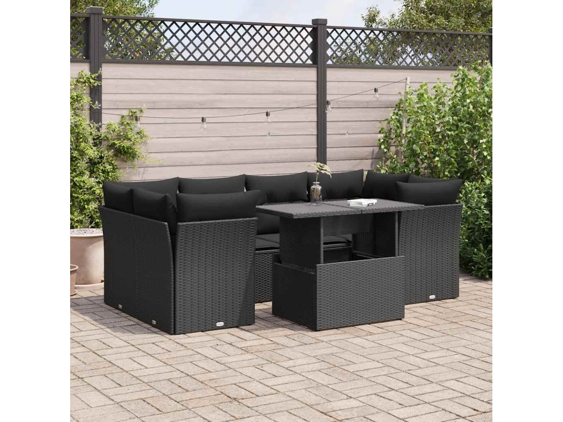 Vidaxl 7 Pcs Conjunto De Sofás P/ Jardim C/ Almofadões Vime Pe Preto