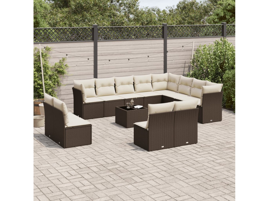 Vidaxl 13 Pcs Conjunto Sofás P/ Jardim C/ Almofadões Vime Pe Castanho