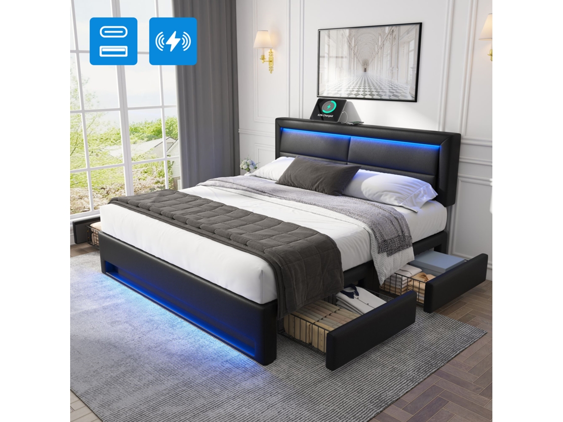 Lit Rembourré ESSÊNCIACASA 140x190cm, com sommier, cabeceira, suporte, veludo bege