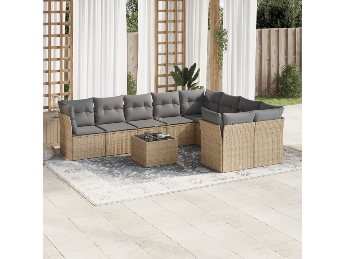 Vidaxl 10 Pcs Conjunto De Sofás P/ Jardim Com Almofadões Vime Pe Bege