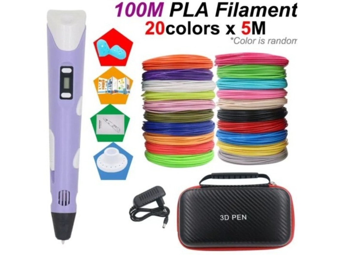 Caneta De Impressão 3d Portátil,temperatura/velocidade Ajustáveis Com Caixa De Armazenamento,5m X 20 Cores Filamentos Pla, Roxo Digitallab