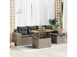 Vidaxl 6 Pcs Conjunto Sofás Jardim Almofadões Vime Pe/acácia Cinzento