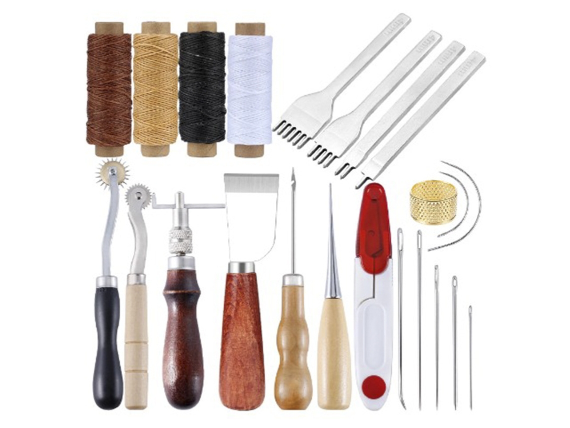 Kit de Ferram. de Couro com 24 Pçs, com Linha Encerada para Reparo e Artesanato em Couro, 8 Cores, Agulhas de Costura AQUAFORGE