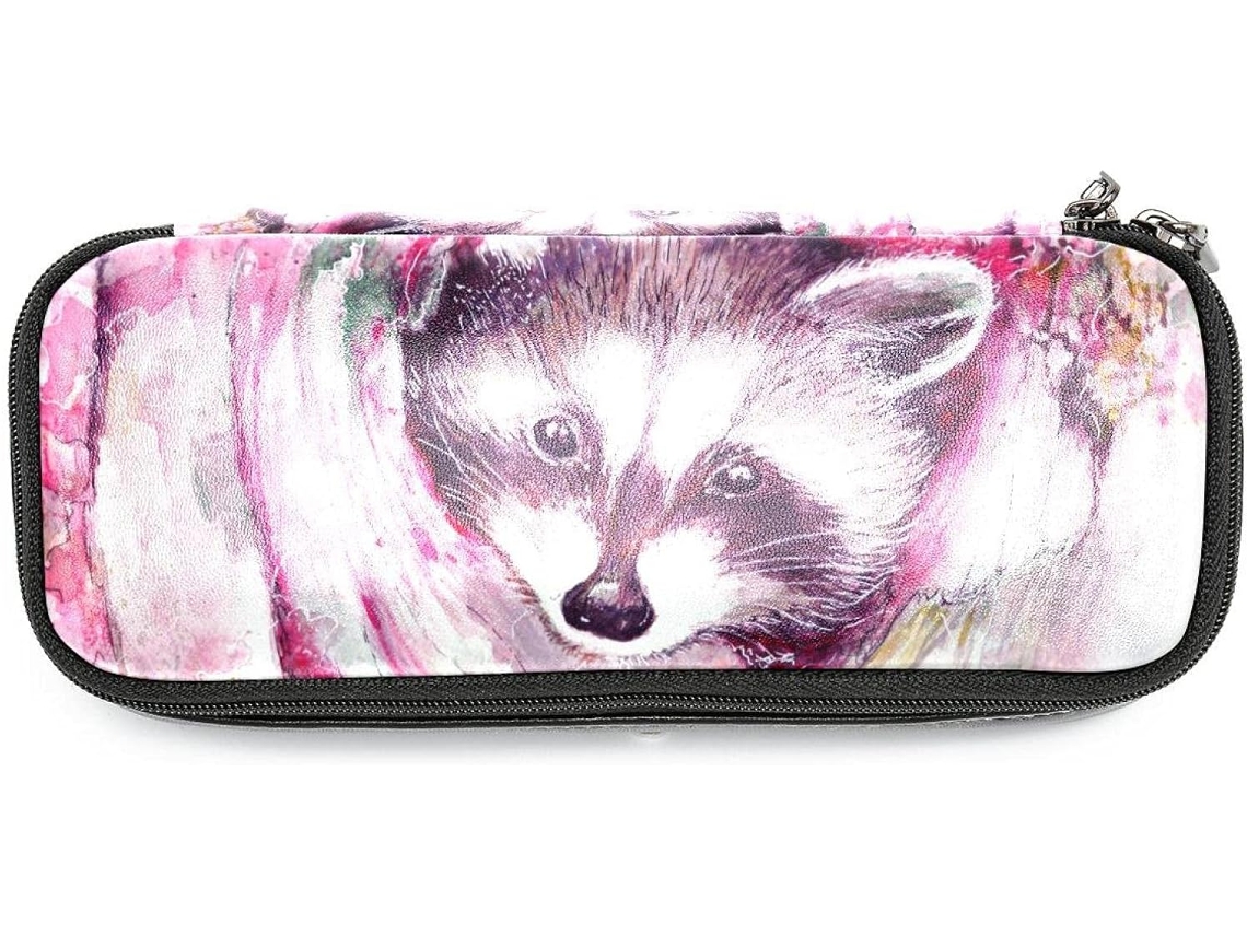 Estojo Grande Com Estampa De Guaxinim Em Aquarela Lápis E Marcadores Ideal Escola, Escritório, Adultos, Meninas E