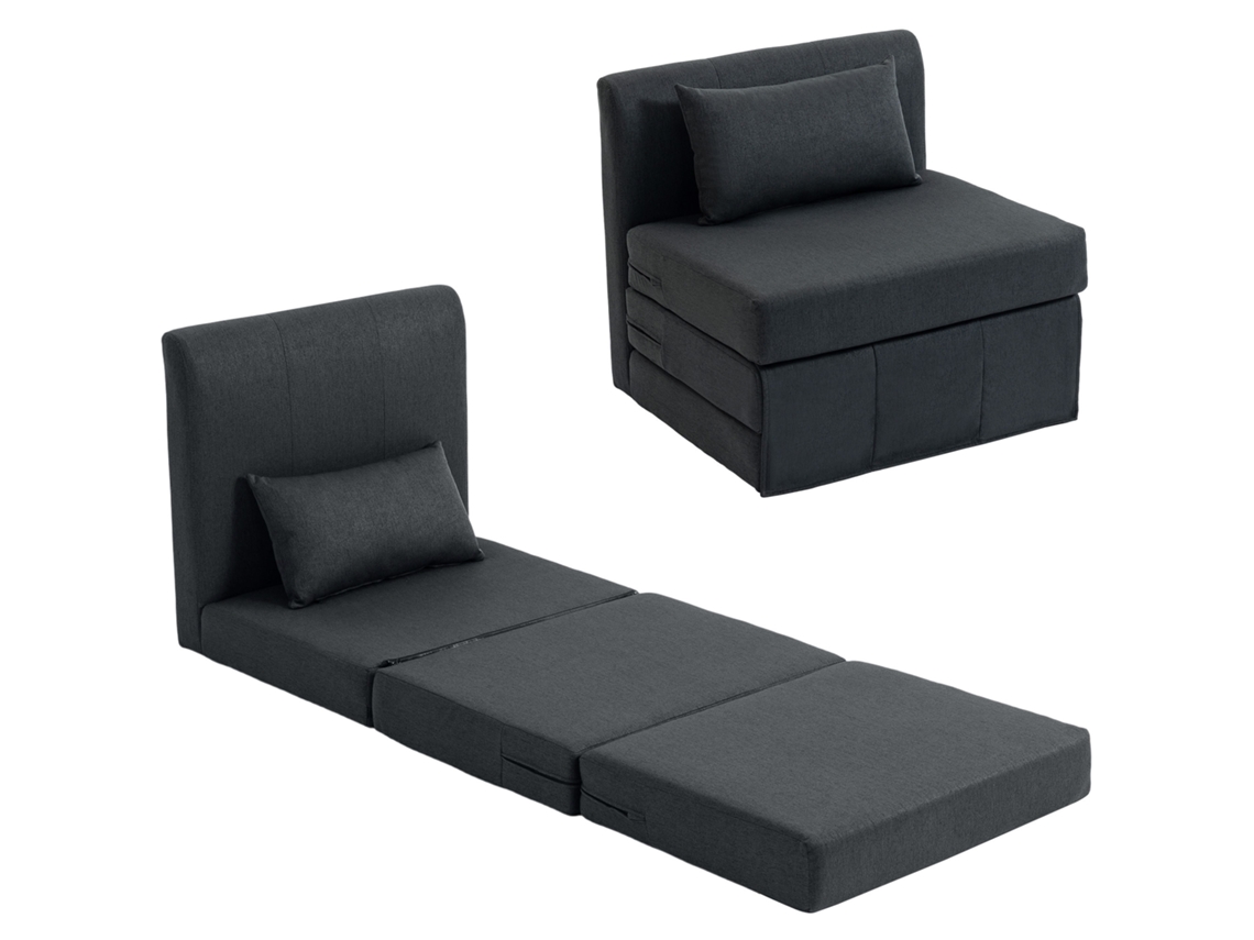 Sofá Cama 2-em-1 Dobrável, Estrutura Linho, Acolchoado, Cama Convidado, Cinza Escuro.