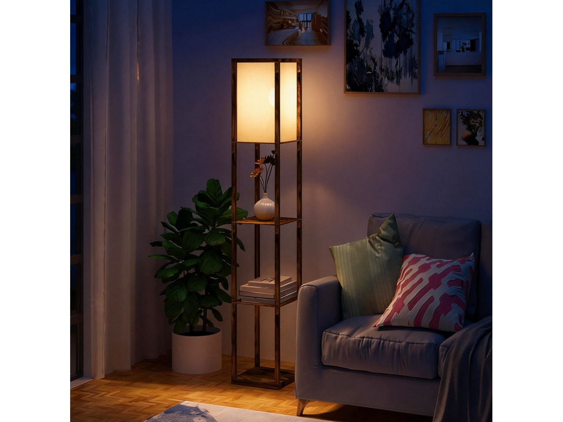 Luminária de Chão com 3 Prateleiras Integradas,bocal E27 40w,26x26x160cm,cor Madeira BTFORUS