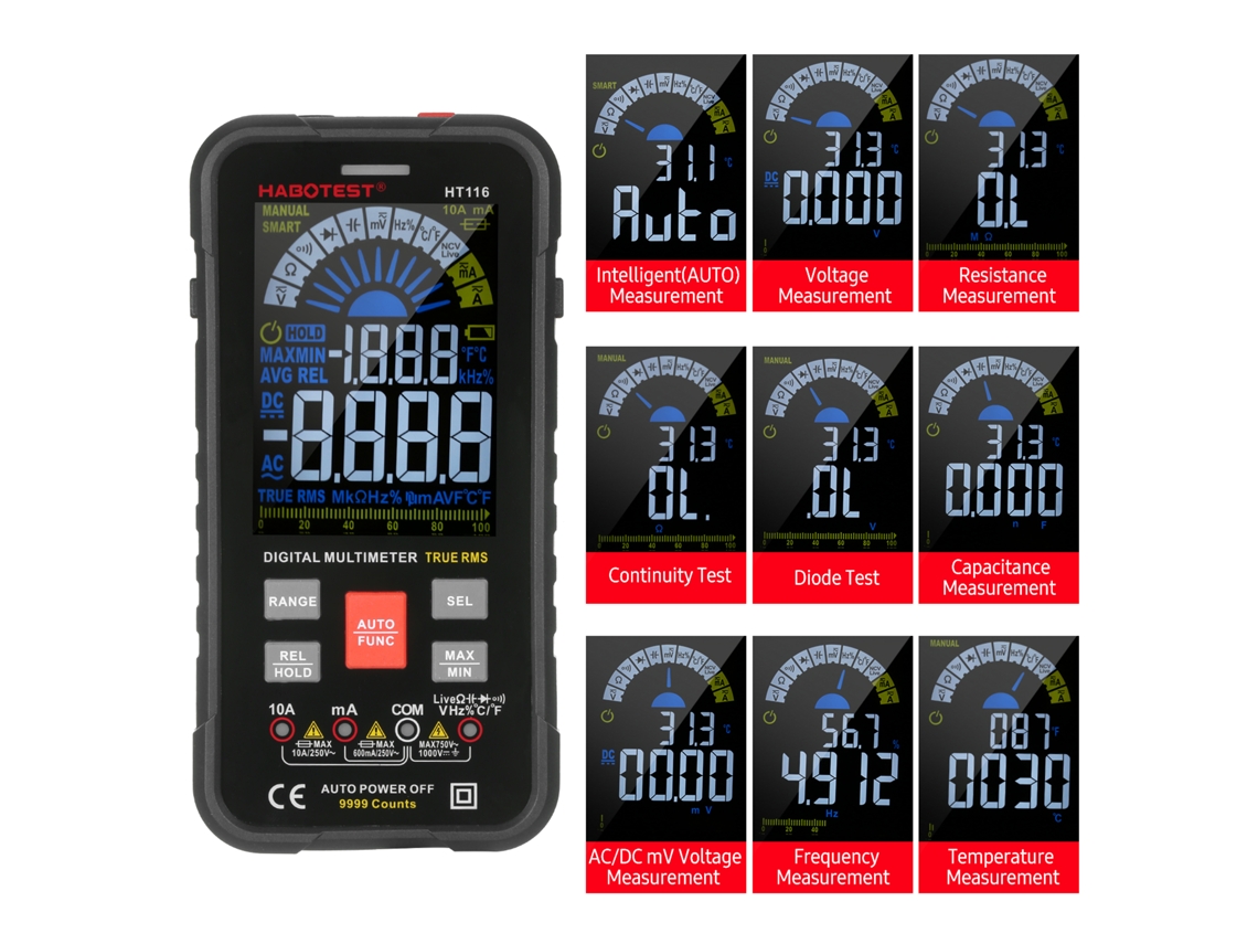 Multímetro Digital Habotest Ht116 Trms 9999 Conteos Ncv Voltímetro Amperímetro