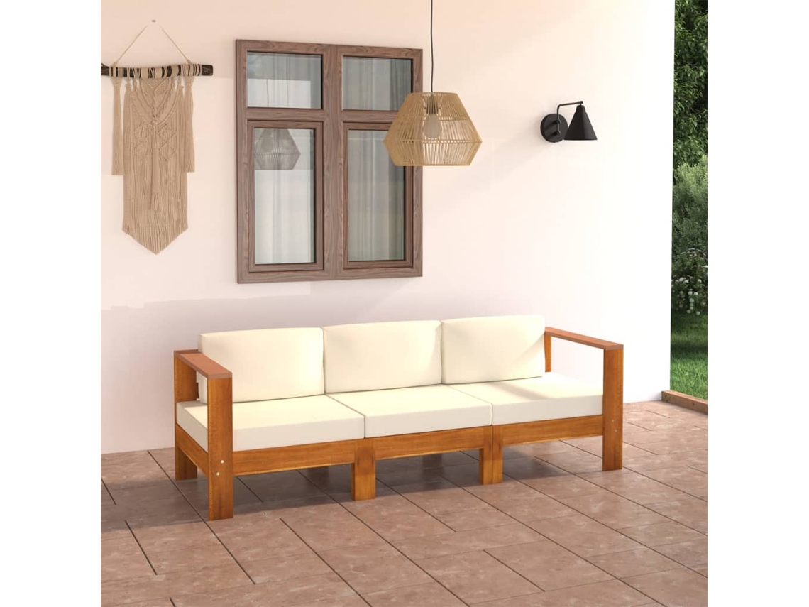 Vidaxl Sofá Jardim 3 Lugares C/ Almofadões Branco Nata Acácia Maciça