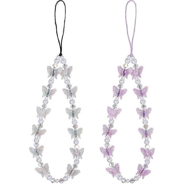 Conjunto Com 2 Pingentes De Celular Com Pérolas, Cordão De Pulso Com Borboleta De Cristal, Chaveiro Para Celular, Pingente Para Mulheres E Meninas.