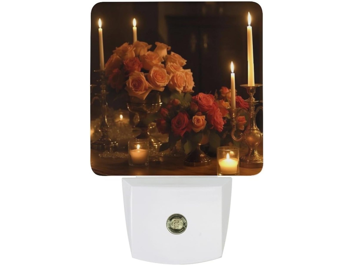 Luminária de parede com rosas sobre uma mesa, sensor crepuscular, luz LED branca quente, lâmpada de baixo consumo.