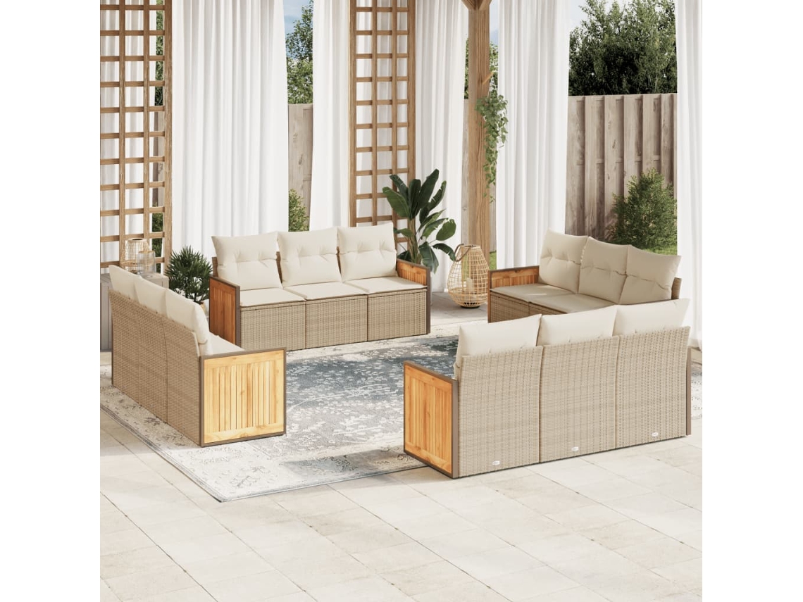 Vidaxl 12 Pcs Conjunto De Sofás P/ Jardim Com Almofadões Vime Pe Bege