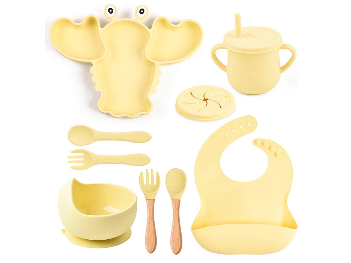 Kit de Alimentação para Bebé em Silicone Formato de Lagosta 8 Peças com Ventosas, Livre de Bpa Amarelo PANOONA