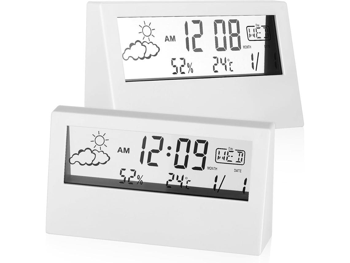 Relógio Digital Moderno Em Plástico Branco Com Alarme Simples E Robusto Para Escritório.