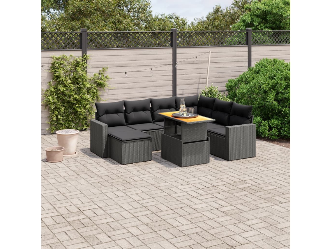 Vidaxl 8 Pcs Conjunto Sofás De Jardim Com Almofadões Vime Pe Preto