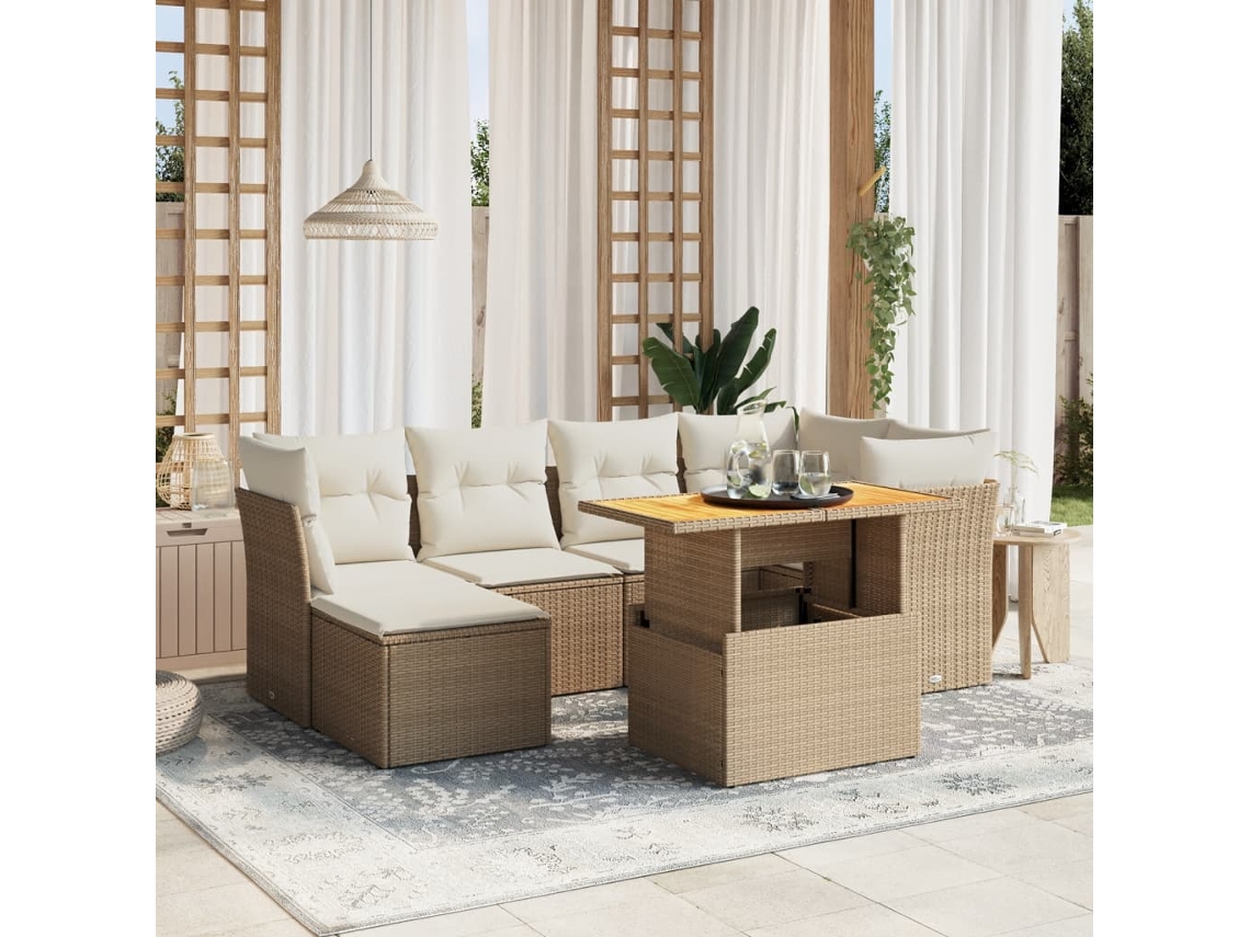 Vidaxl 7 Pcs Conjunto De Sofás P/ Jardim Com Almofadões Vime Pe Bege