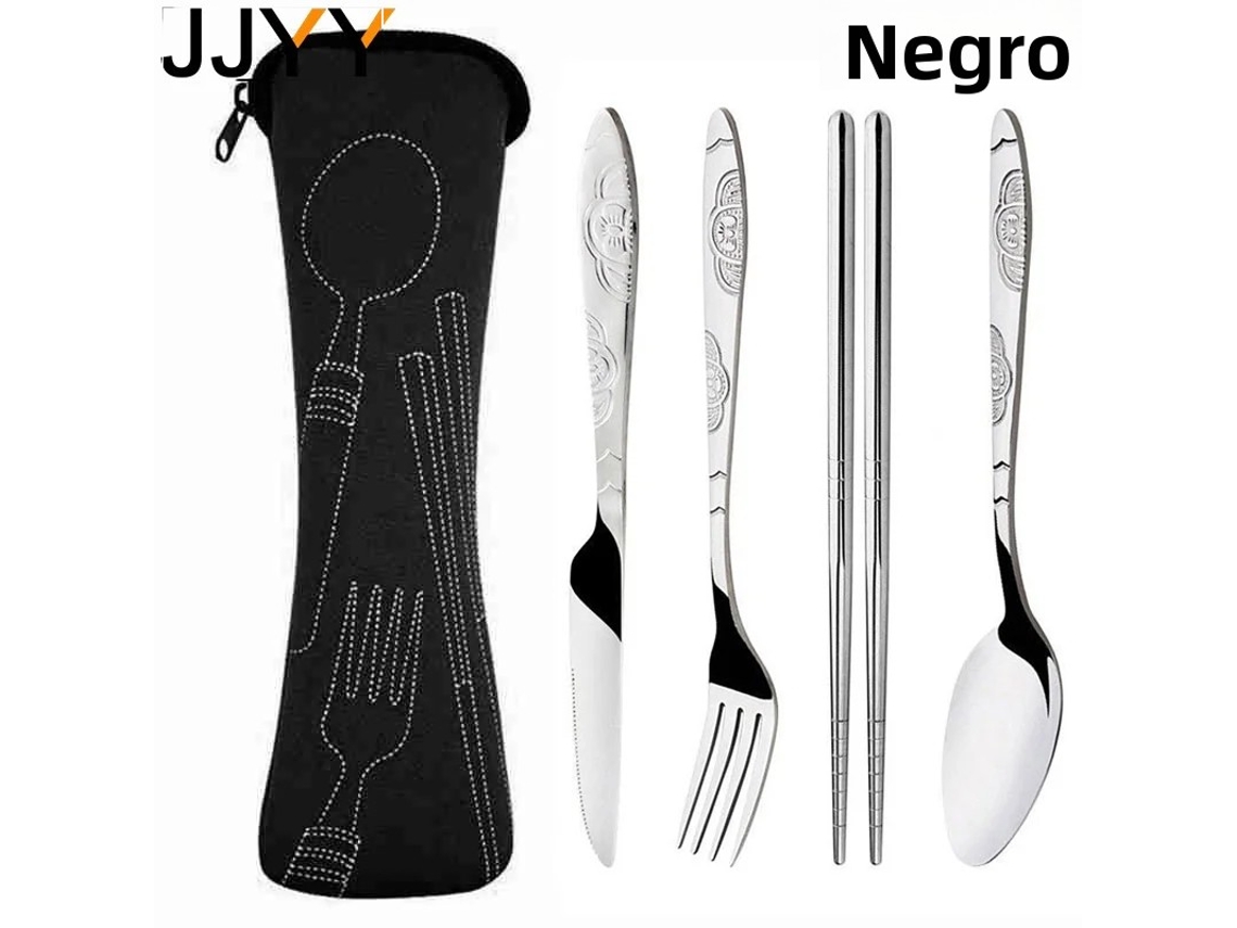 Conjunto de Talheres Portáteis em Aço Inoxidável com Padrão em Relevo e Bolsa para Viagem. MDUG (preto, 4 Peças)