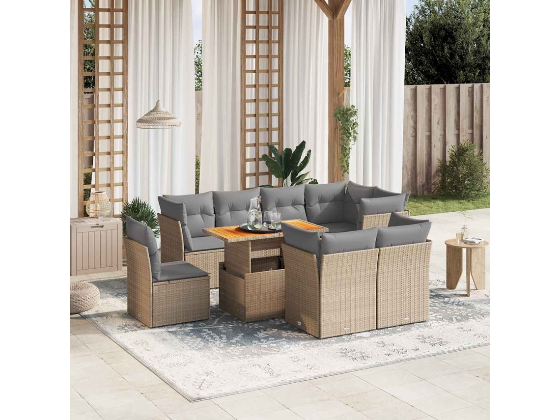 Vidaxl 9 Pcs Conjunto De Sofás P/ Jardim Com Almofadões Vime Pe Bege