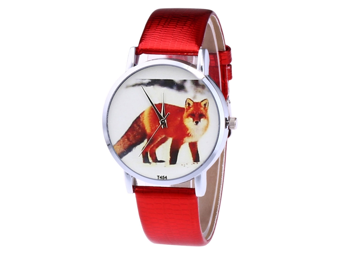 Relógio unissex para casal com mostrador de desenho animado de animais, pulseira de PU, movimento de quartzo, vermelho Zhoulianfa