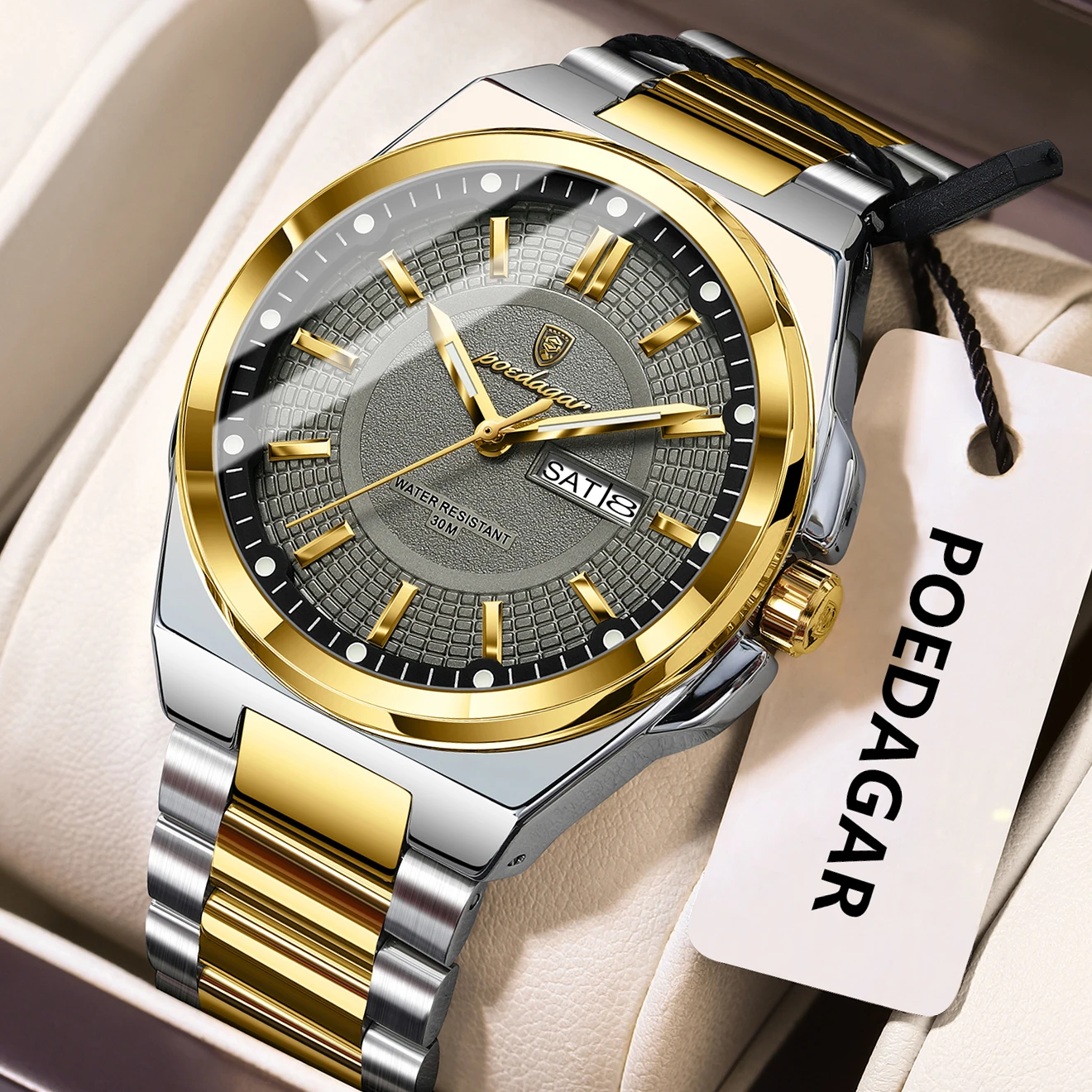 Relógio masculino elegante (cinza Dourado), à prova d'água, com data e dia e semana luminescentes, movimento de quartzo.