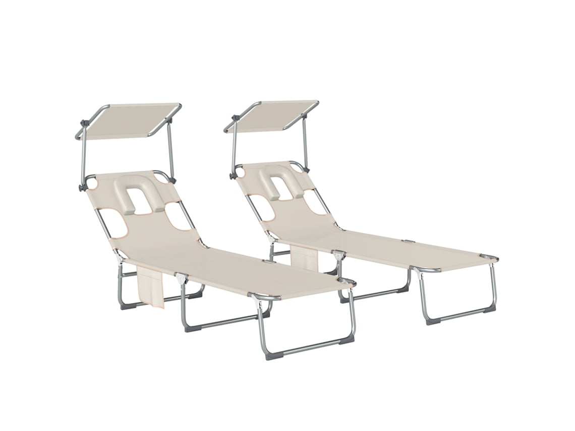 Conjunto De 2 Espreguiçadeiras Dobráveis Com Dossel 360° Encosto 5 Posições Orifício Facial E Textilene 550 G/m² 188x56x27 Cm Bege