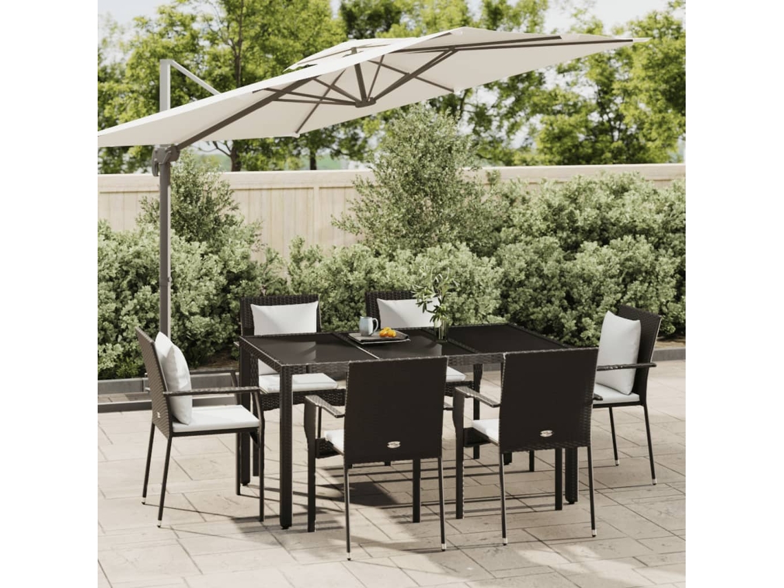 Vidaxl 7 Pcs Conjunto De Jantar P/ Jardim C/ Almofadões Vime Pe Preto