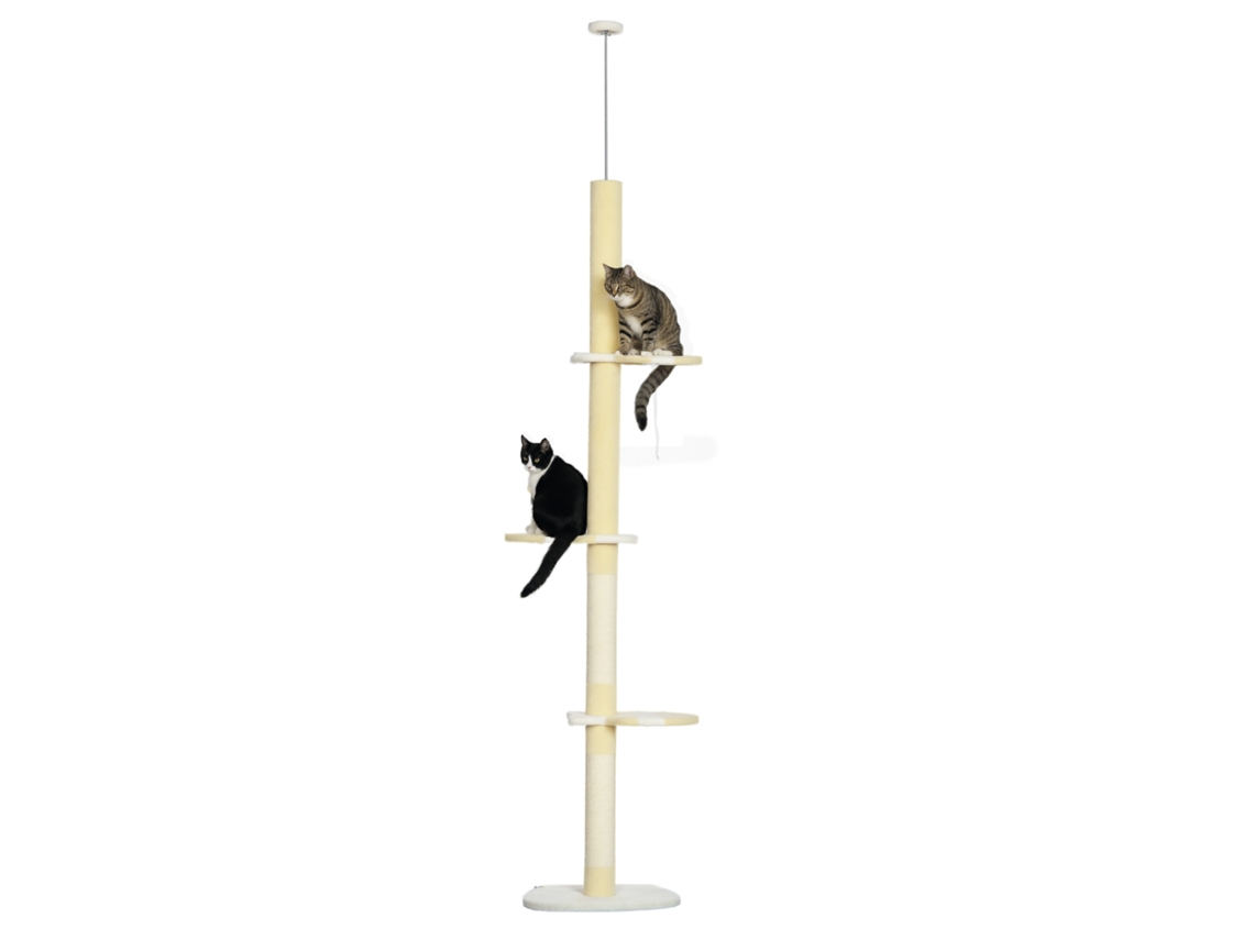Árvore Para Gatos Do Chão Ao Teto Com Altura Ajustável 3 Plataformas Poste De Sisal E Bola Para Brincar 47x34x220-260cm Creme