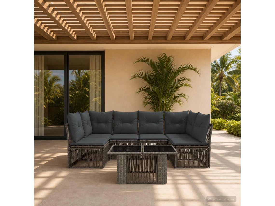 Vidaxl Conjunto De Sofá De Jardim 7 Unid. Cinzento Vime Pe