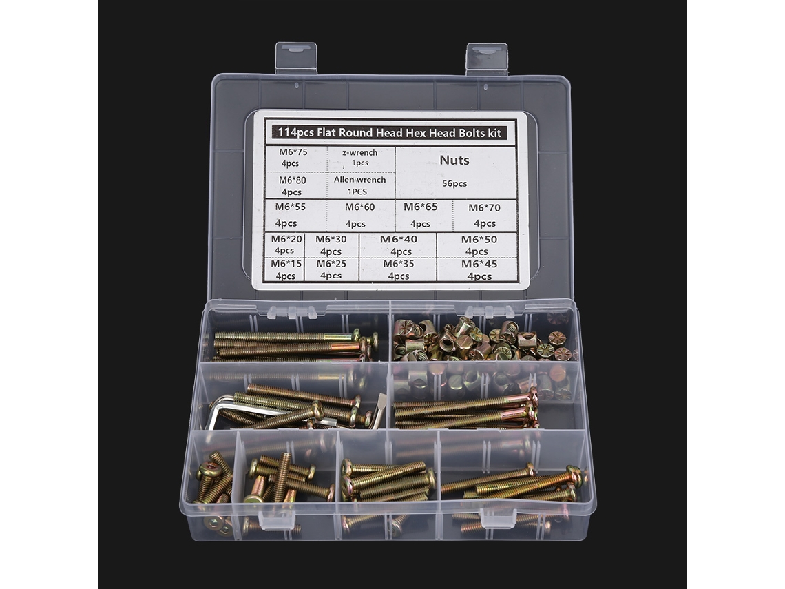 Conjunto De Parafusos E Porcas Hexagonais M6 De Aço Carbono Com Chave E Parafusadeira 114 Peças