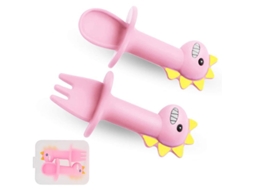 Conjunto de colheres e garfos de silicone NOVA LINE para treinamento de alimentação de bebê, rosa