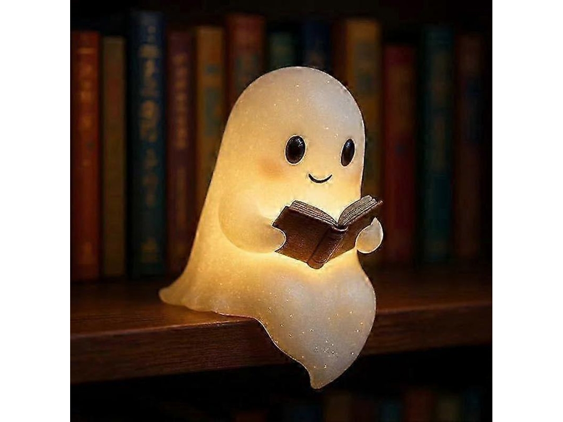 Luminária Noturna Fantasma Lendo com LED - Design 3D Adorável para o Halloween e Amantes de Livros