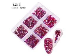 Kit De Acessórios Para Nail Art Com Strass De Base Plana (3 Caixas)conjunto De 13 Peças Em Strass Vermelho Vivo Ab, Com 6 Compartimentos.