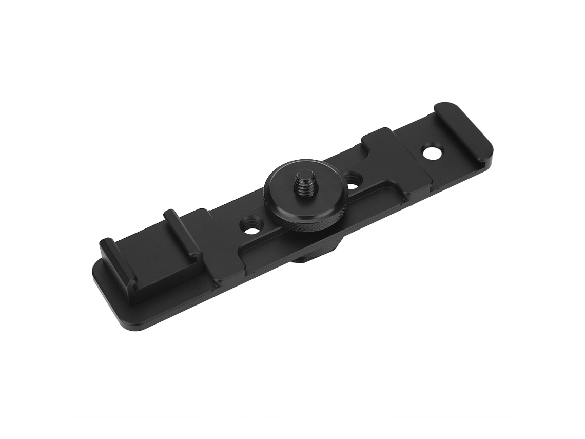 Barra de extensão com sapata dupla para câmera, com suporte para luz de preenchimento e microfone. Acessório fotográfico.