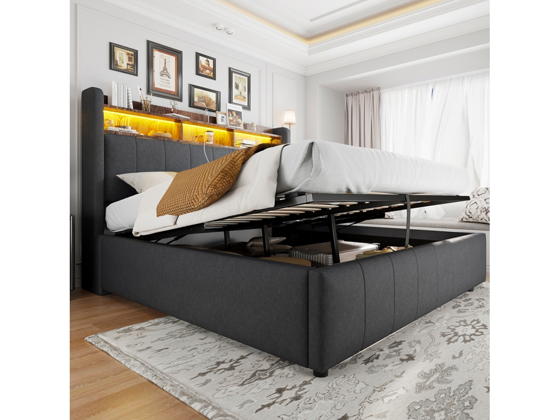 Cama 160x200 Led Usb Elevatória Cabeceira Arrumação Cinza