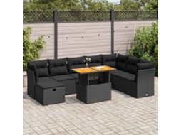 Vidaxl 9 Pcs Conjunto Sofás P/ Jardim Almofadões Vime Pe/acácia Preto