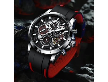 Relógio Luxo para Homem LIGE Bracelete (Silicone -  Vermelho e Preto)