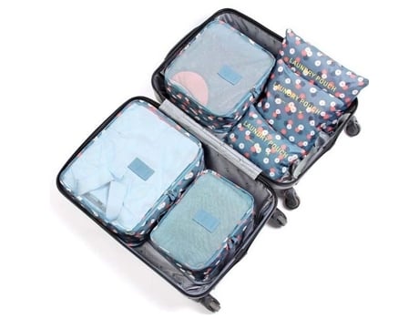 Conjunto de 6 malas organizadoras de viagem pacote de bagagem cubos lavável saco de armazenamento de roupas estampa de flores azul JARITTO