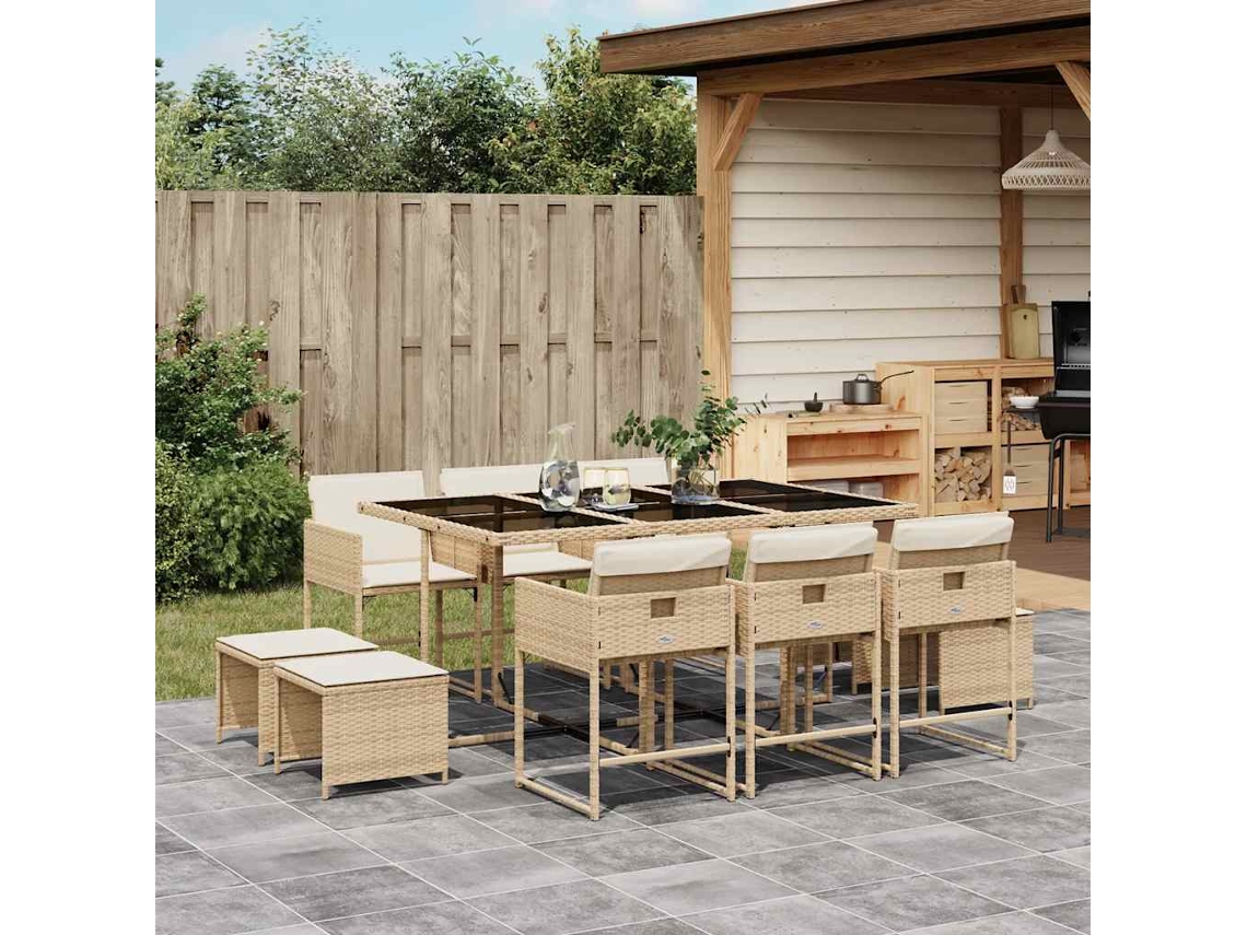 Vidaxl 11 Pcs Conjunto De Jantar P/ Jardim Com Almofadões Vime Pe Bege