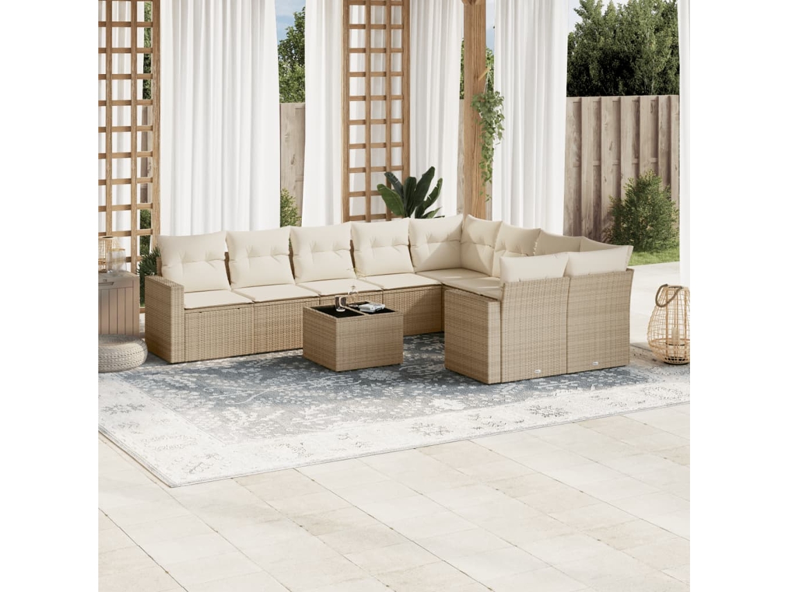 Vidaxl 10 Pcs Conjunto De Sofás P/ Jardim Com Almofadões Vime Pe Bege