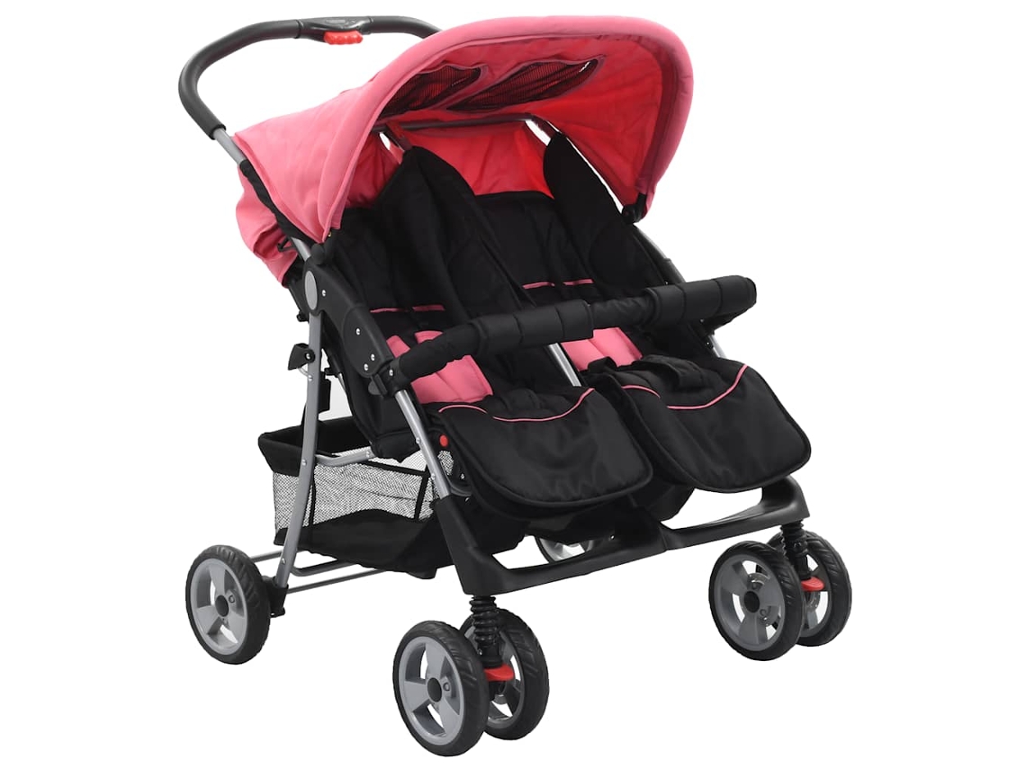 Vidaxl Carrinho De Bebé Para Gémeos Aço Cor-de-rosa E Preto