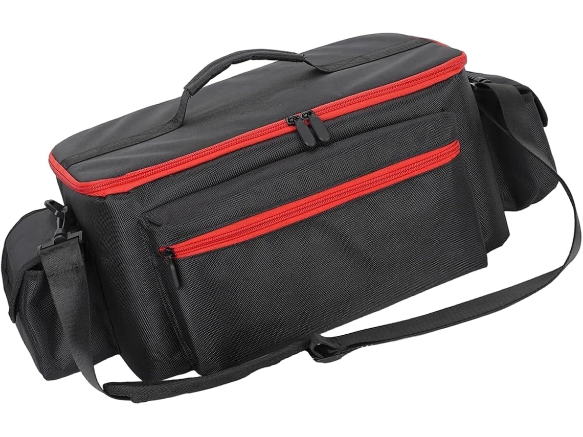 Bolsa protetora para compressor de pneus com saco em formato de O, economiza espaço.