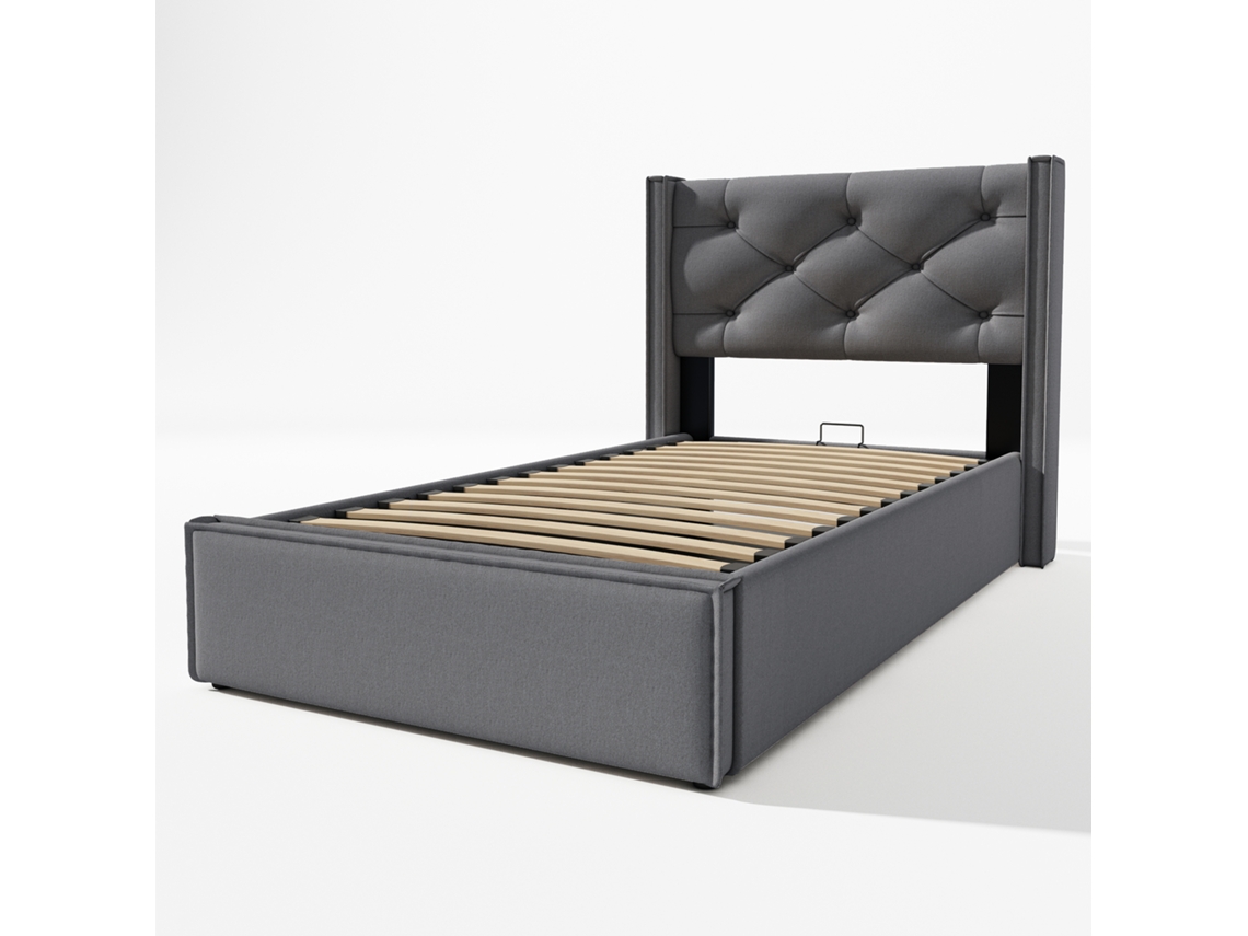 Cama de Solteiro Hidráulica Estofada 90x200cm com Estrado Metálico e Espaço de Armazenamento,cinza com Colchão Incluído PAPRIKA