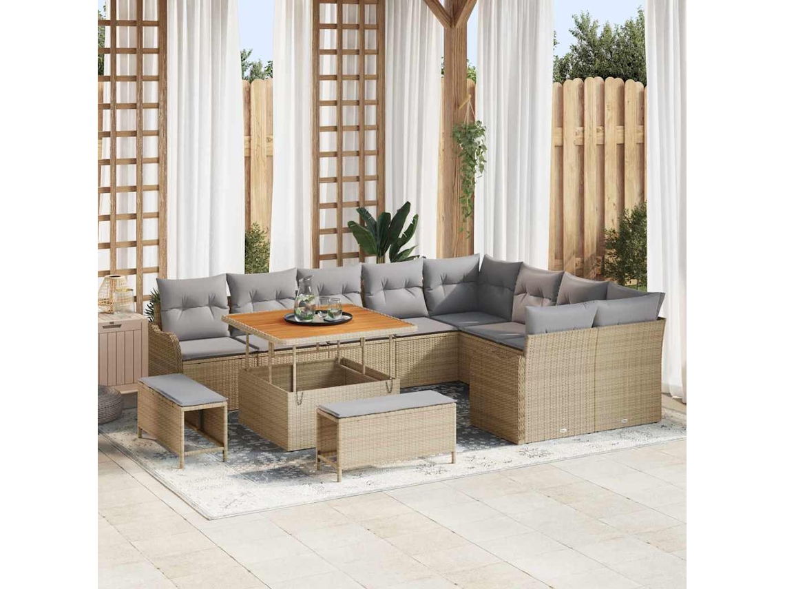 Vidaxl Conjunto de Sofá de Jardim com Almofada 12 Pcs Bege Vime Pe