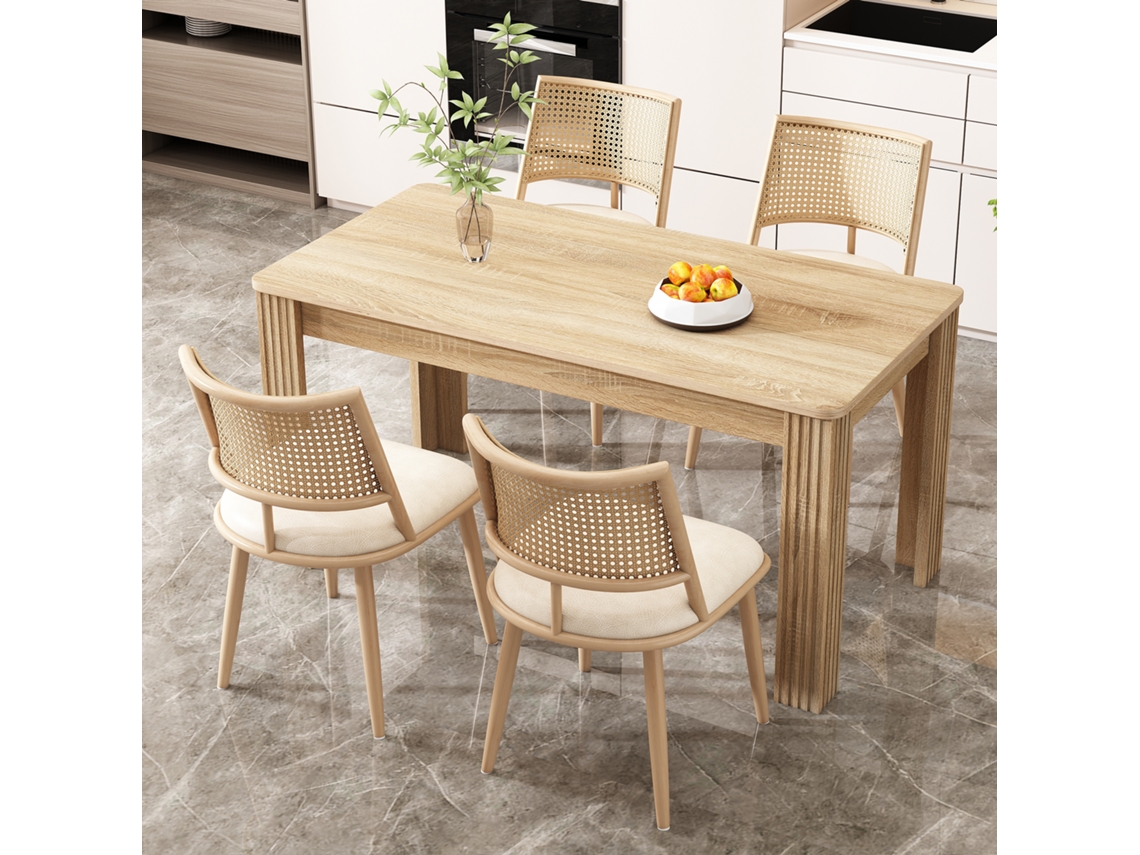 4 Cadeiras De Jantar, Assento Em Pu, Encosto De Rattan, Sala, Cadeira De Quarto, Bege.