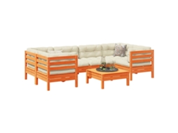 7 unidades Conj. Sofás Jardim C/ Almofadões Pinho Maciço Castanho Mel Dkd Home Decor
