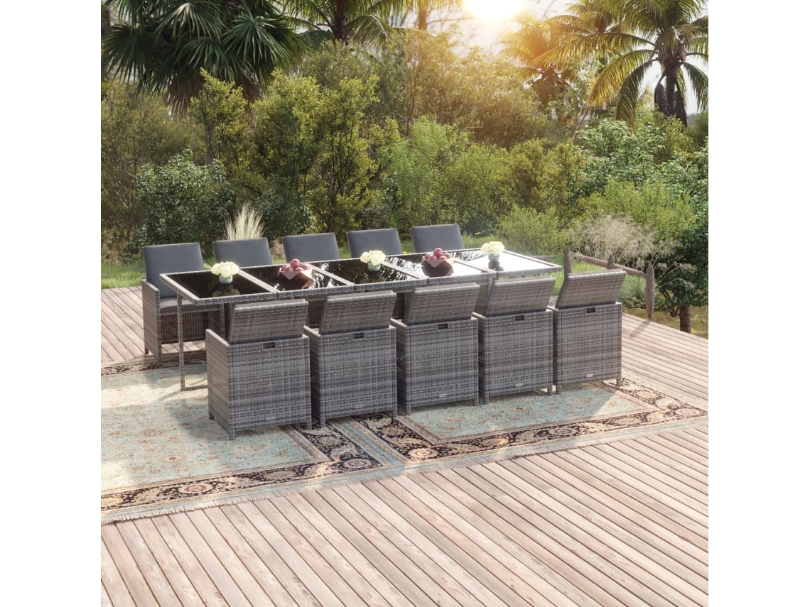 Vidaxl 11 Pcs Conjunto Jantar P/ Jardim C/ Almofadões Vime Pe Cinzento