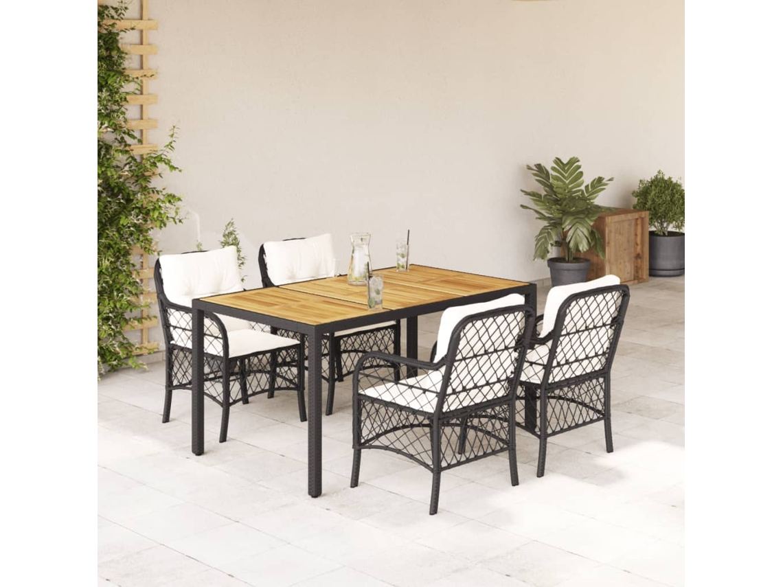 Conjunto 5 Peças Jantar P/ Jardim C/ Almofadões Vime Pe Preto Dkd Home Decor